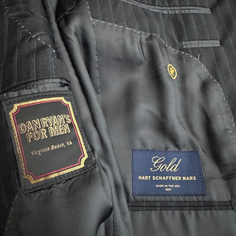 Hart Schaffner Marx Gold 44L 34W‎ Mens Navy Pinstripe Suit Made in USA Wool
